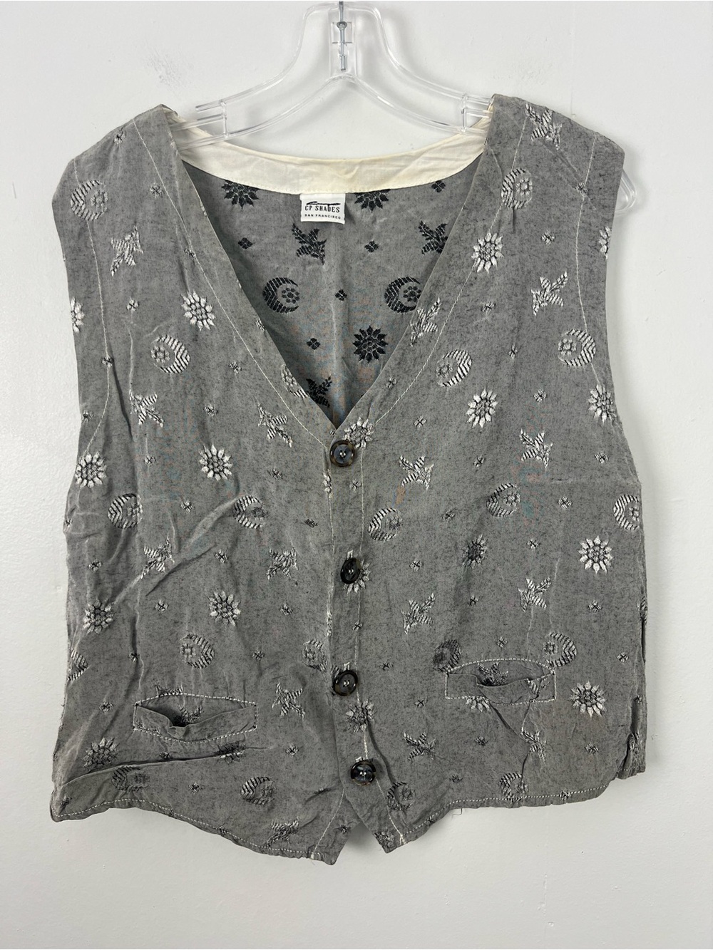 CP Shades Gray Embroidered Celestial Moon Sun Print Vest Vintage